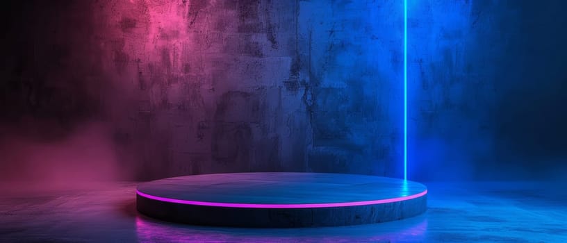 A raised, circular stage with vibrant blue and pink lighting, creating an eye-catching and futuristic setting for product demonstrations, presentations, or live shows