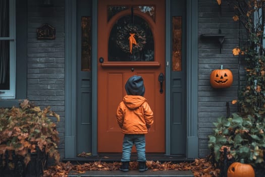 Child in orange jacket standing at Halloween-decorated front door with pumpkins and autumn leaves, creating a festive autumn scene.