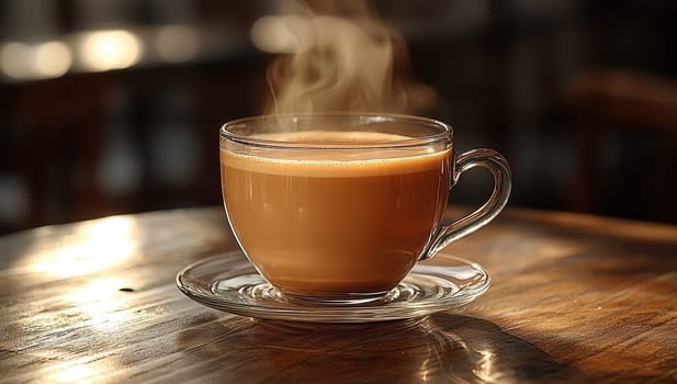 Steaming cup of coffee on a wooden table. Concept of warmth, comfort, and relaxation.