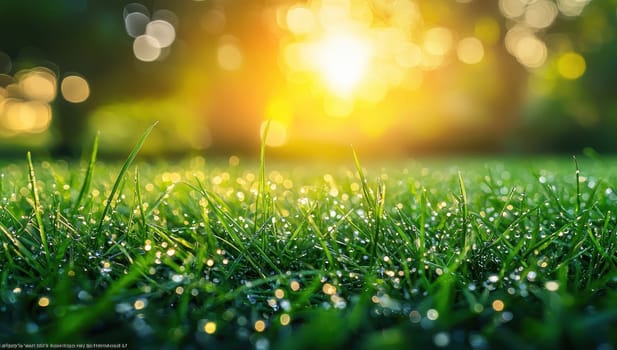 Dewdrops on Lush Green Grass in Morning Sunlight. Concept of Spring, Nature, Freshness