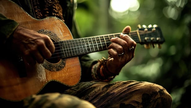 Close up Musician Hands Playing an Acoustic Guitar. Concept of Music, passion, talent.