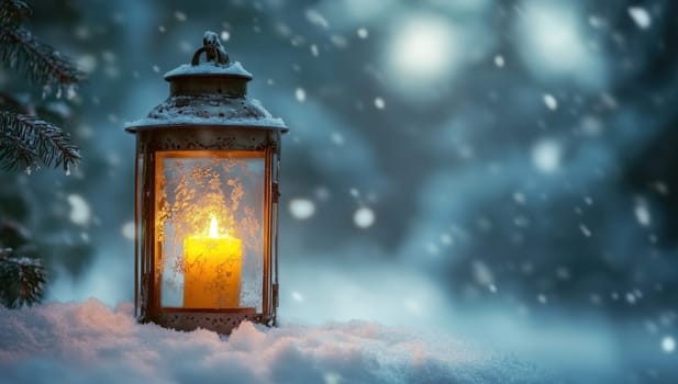 Glowing Lantern in Snowy Woods, Winter Concept