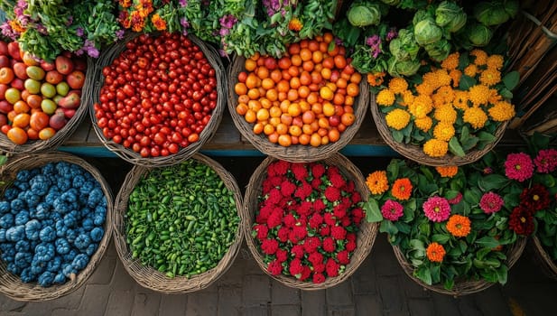 Vibrant farmer market stall with colorful fruits, vegetables and flowers. Concept of fresh produce, healthy eating and local shopping.
