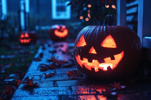 Carved pumpkins with glowing faces illuminated at night, creating a spooky Halloween atmosphere with fallen leaves and blurred background lights.