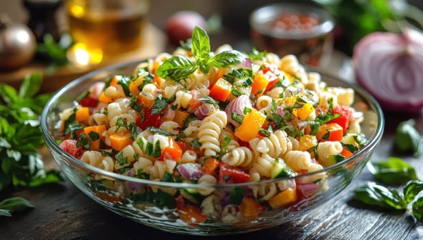Pasta salad with vegetables in a glass bowl. Concept of healthy eating and Mediterranean diet.