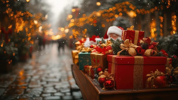 Christmas presents and decorations on a snowy city street. Concept of winter holidays, festive season, Christmas spirit.