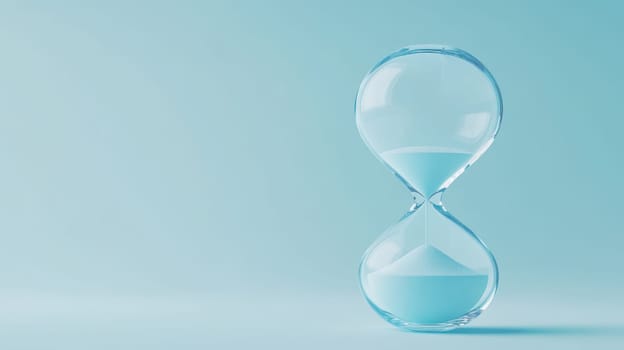 Hourglass with blue sand on blue background. Concept of time, countdown, deadline.