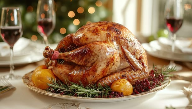 Roasted turkey on a festive table, Christmas or Thanksgiving dinner concept.
