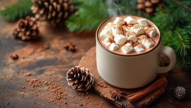 Hot chocolate with marshmallows and spices near Christmas tree branch. Concept of winter holidays.