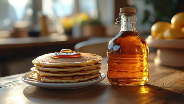Stack of pancakes with maple syrup. Concept of breakfast, homemade food, and sweet treat.