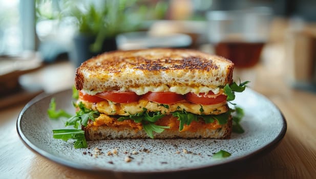 Delicious grilled cheese sandwich with vegetables on a plate. Concept of tasty breakfast, lunch, snack, brunch or cafe menu.
