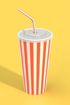 Fast food cola drink cup, drinking straw. Generic striped beverage package on yellow background with shadow. Graphic design element for restaurant advertisement, menu, poster, flyer. 3D illustration
