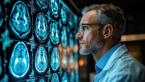 Doctor analyzing brain MRI scans. Concept of neurology, healthcare and medical diagnosis.