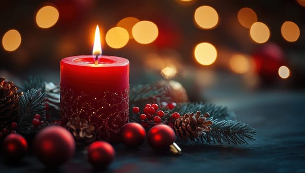 Red Christmas candle with festive ornaments and bokeh lights. Concept of Christmas, celebration, winter holidays.