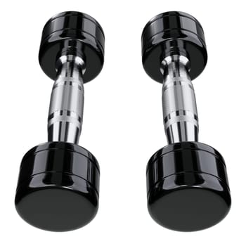 Two blank Round Dumbbells, chrome weightlifting gym equipment top view, isolated on white background. 3D illustration