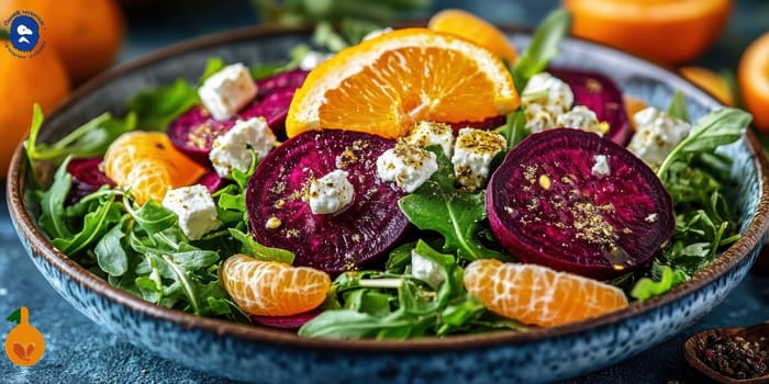 Salad with beetroot, tangerines, feta cheese and arugula,. AI generative