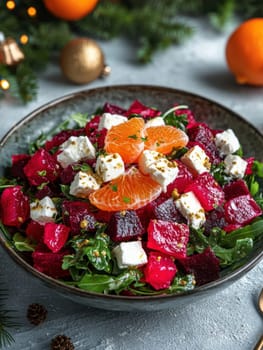 Salad with beetroot, tangerines, feta cheese and arugula,. AI generative