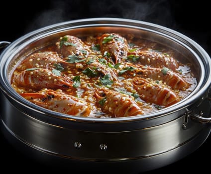 crawfish in a hot pot, full of red sauce . AI generative.