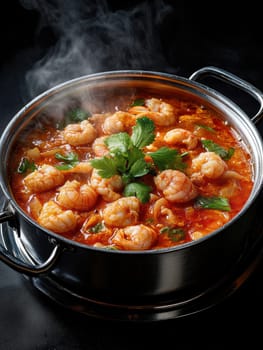 crawfish in a hot pot, full of red sauce . AI generative.
