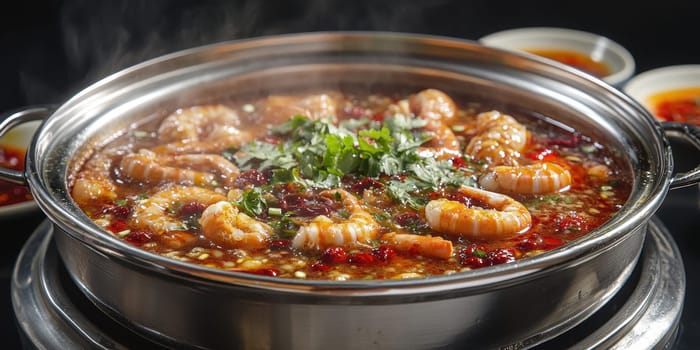 crawfish in a hot pot, full of red sauce . AI generative.