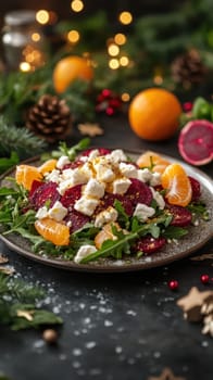 Salad with beetroot, tangerines, feta cheese and arugula,. AI generative