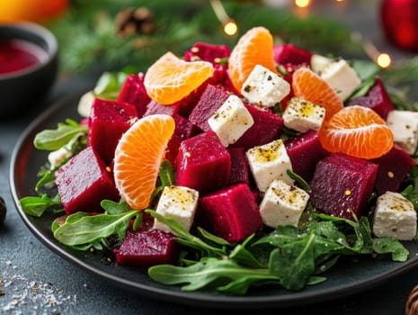 Salad with beetroot, tangerines, feta cheese and arugula,. AI generative