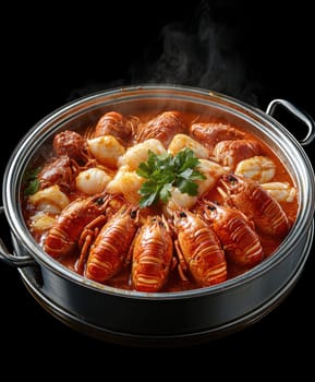 crawfish in a hot pot, full of red sauce . AI generative.