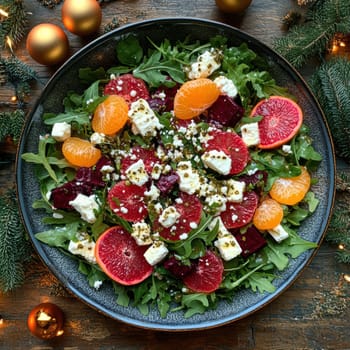 Salad with beetroot, tangerines, feta cheese and arugula,. AI generative