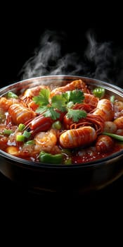 crawfish in a hot pot, full of red sauce . AI generative.