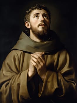st Francis of Assisi, young man, monk, beard, brown clothing, AI generative.