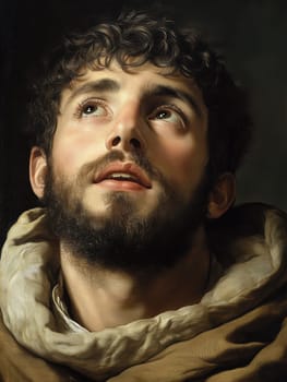 st Francis of Assisi, young man, monk, beard, brown clothing, AI generative.