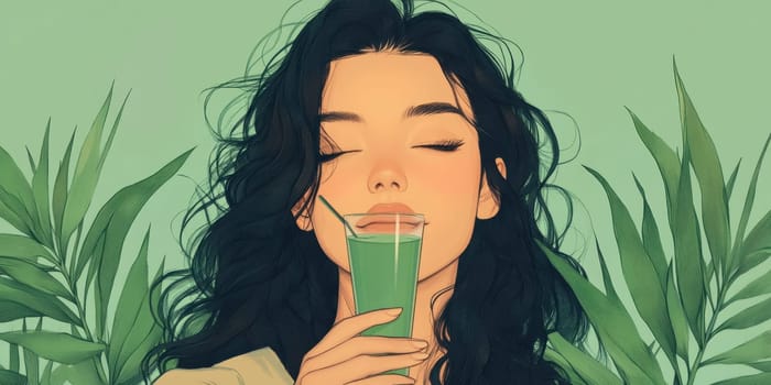sitting smiling young woman drinking matcha tee. AI generative.