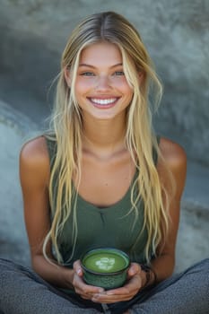 sitting smiling young woman drinking matcha tee. AI generative.