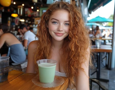 sitting smiling young woman drinking matcha tee. AI generative.