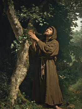 st Francis of Assisi, young man, monk, beard, brown clothing, AI generative.