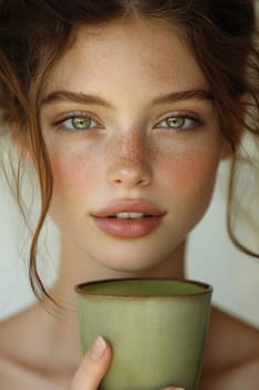 sitting smiling young woman drinking matcha tee. AI generative.