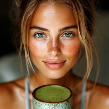 sitting smiling young woman drinking matcha tee. AI generative.