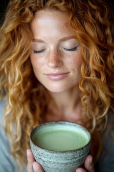 sitting smiling young woman drinking matcha tee. AI generative.