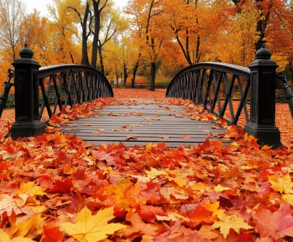 Red wooden bridge, autumn maple leaves. AI generative.