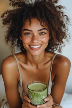 sitting smiling young woman drinking matcha tee. AI generative.