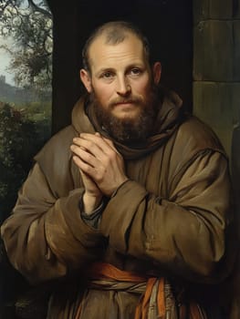 st Francis of Assisi, young man, monk, beard, brown clothing, AI generative.