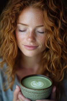 sitting smiling young woman drinking matcha tee. AI generative.