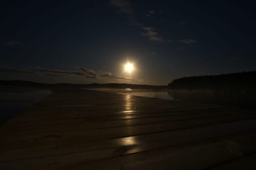 Moonlight over a lake in Sweden into which a wooden stay reaches. Scandinavian nature