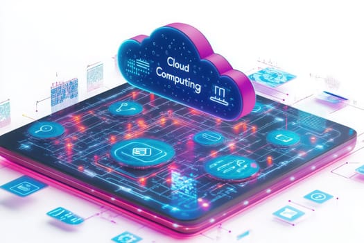 A vibrant digital tablet showcases cloud computing concepts featuring various cloud icons and network connections. The setup highlights the modern technology landscape and data management.