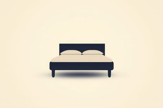 A sleek, minimalist bed features a black frame with two soft pillows, creating a calm atmosphere. The neutral background enhances the simplicity, showcasing a tidy and organized space.