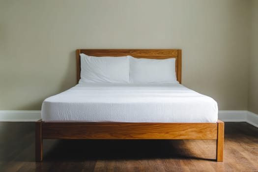 A spacious room featuring a neatly made bed with white linens, warm wood accents, and soft natural light flooding in. This inviting space exudes tranquility and simplicity.