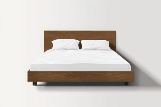 A clean, minimalist bed is styled with crisp white linens on a brown wooden frame. The simplicity of the design creates a serene and inviting atmosphere in the room.
