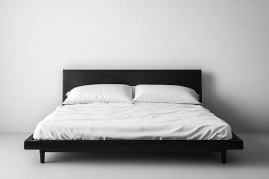 The bed features a sleek, modern design with a dark wood frame and crisp white bedding. It is positioned in a minimalistic room, emphasizing a calming atmosphere.