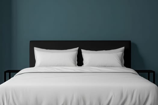 The bed features crisp white bedding and plush pillows, presenting a calming atmosphere. The simple design highlights the minimalist approach, making it ideal for relaxation.