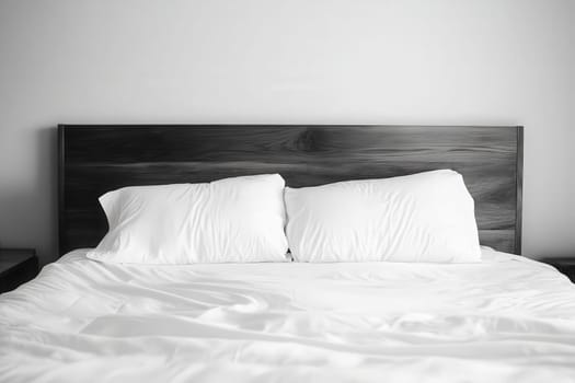 The bed features crisp white linens and fluffy pillows, creating a serene atmosphere in a minimalist bedroom. Soft lighting enhances the calming ambiance, perfect for relaxation.
